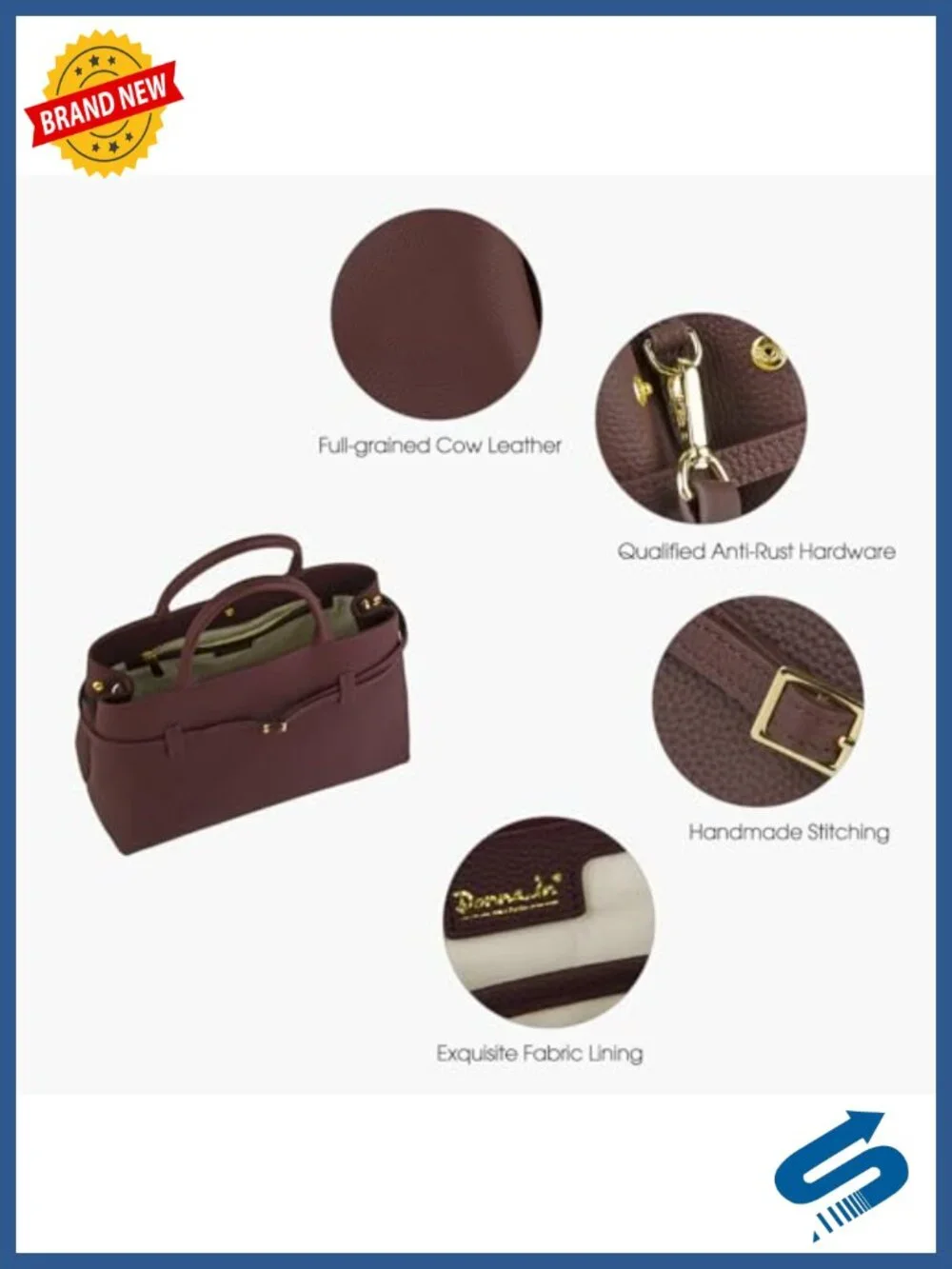 Full-Grain Cow Leather Top Handle Satchel Tote Bag with Adjustable Strap